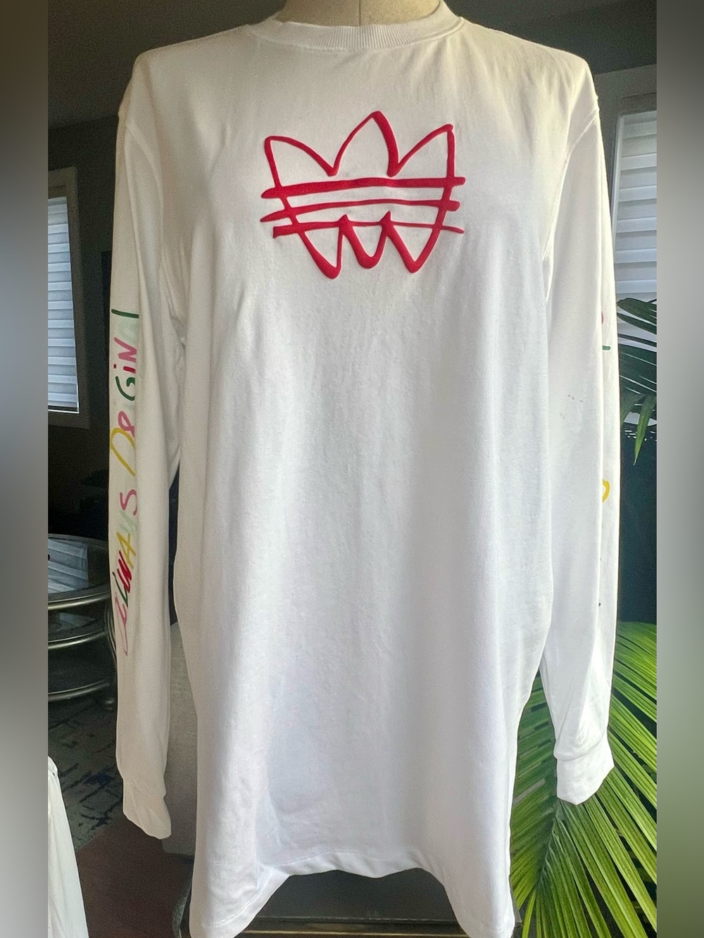 adidas White Long Sleeve Tee with Red Trefoil Sketch